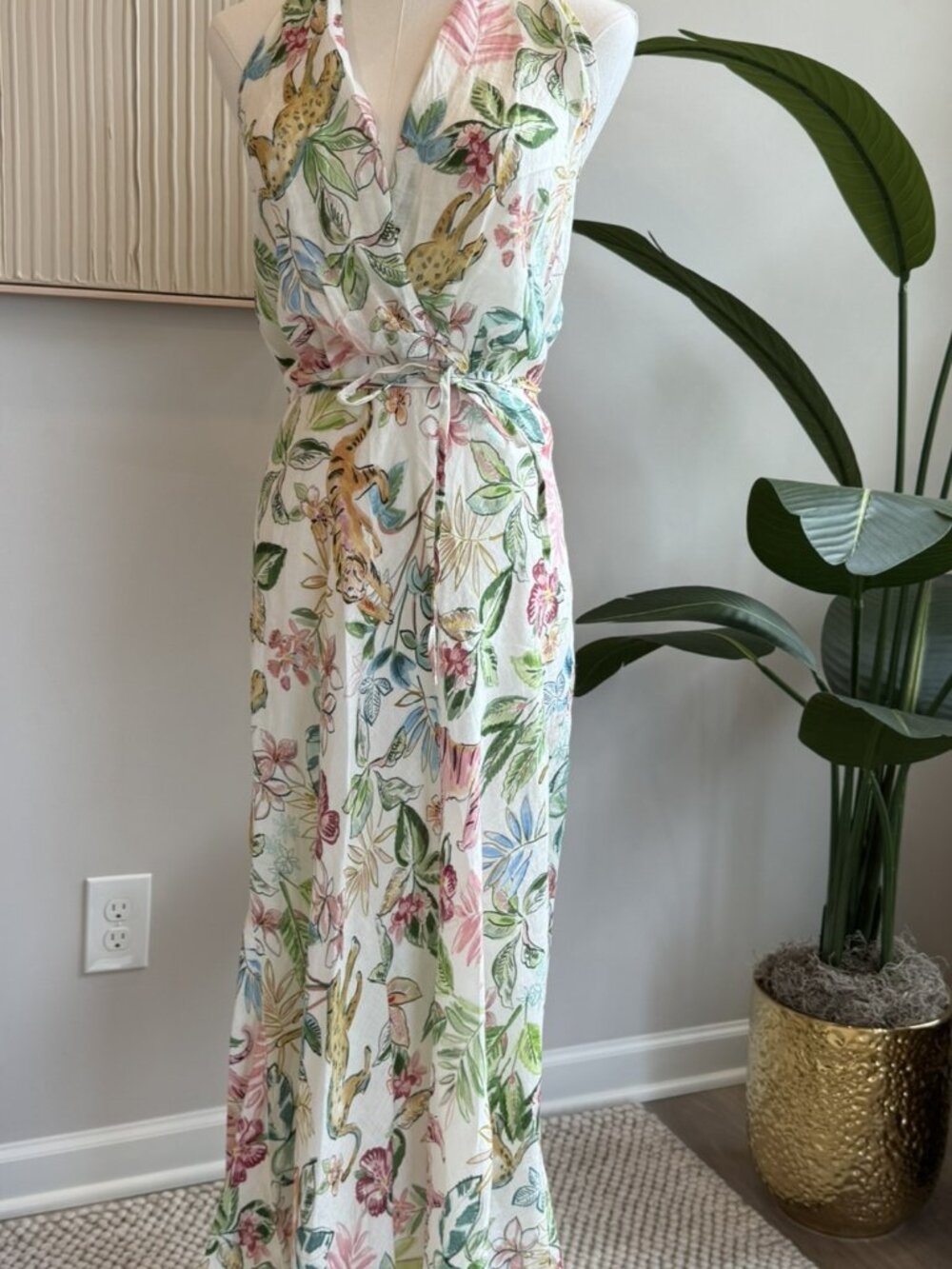 NWOT 120% LINO CROSSOVER HALTERNECK DRESS JUNGLE M/44